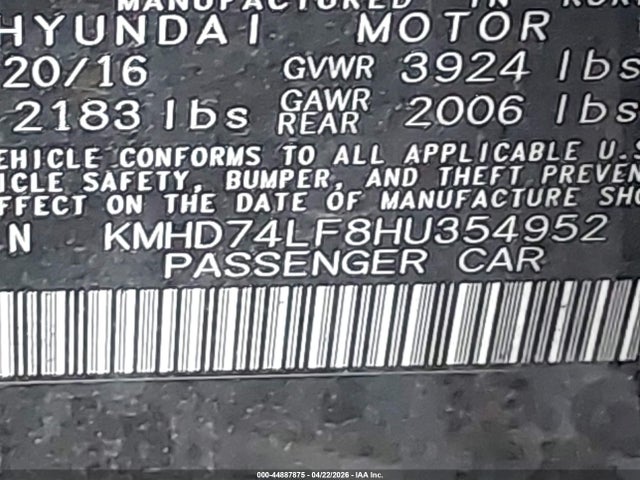 Aukcja sprzedaży 2017 Hyundai Elantra Se, vin: KMHD74LF8HU354952, numer aukcji: 44887875