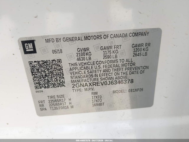Aukcja sprzedaży 2018 Chevrolet Equinox Ls, vin: 2GNAXREV0J6346378, numer aukcji: 44887876