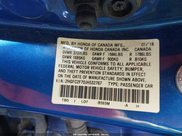 Honda CIVIC EX 2018 2HGFC2F70JH532767 Image 9