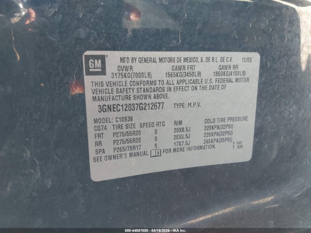 Продажа на аукционе авто 2007 Chevrolet Avalanche 1500 Ltz, vin: 3GNEC12037G212677, номер лота: 44887888
