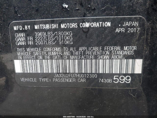2017 Mitsubishi Lancer Es მანქანა იყიდება აუქციონზე, vin: JA32U2FU7HU012300, აუქციონის ნომერი: 44887890