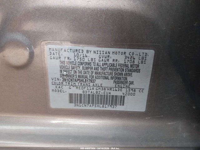 3N1CN7AP5HL817937 Nissan Versa 1.6 Sv