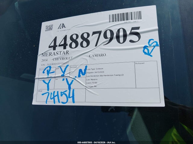 44887905 :رقم المزاد ، 2G1FB3D32E9284327 vin ، 2014 Chevrolet Camaro 1lt مزاد بيع