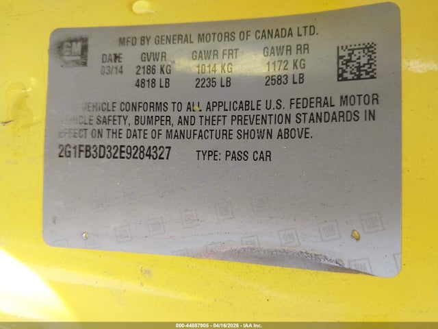 44887905 :رقم المزاد ، 2G1FB3D32E9284327 vin ، 2014 Chevrolet Camaro 1lt مزاد بيع