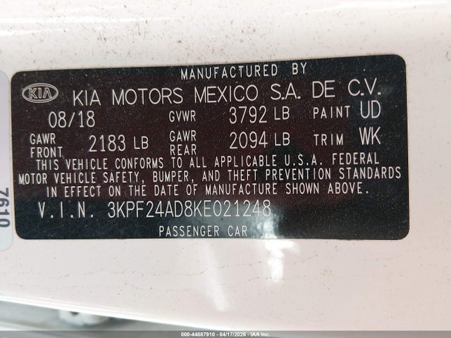 Aukcja sprzedaży 2019 Kia Forte Lxs, vin: 3KPF24AD8KE021248, numer aukcji: 44887910