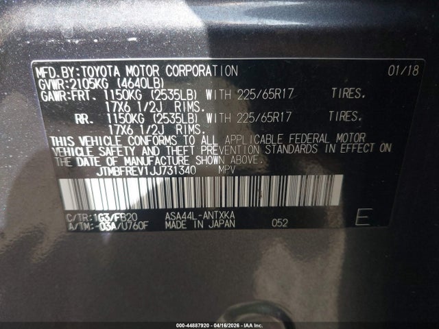 Продажа на аукционе авто 2018 Toyota Rav4 Le, vin: JTMBFREV1JJ731340, номер лота: 44887920