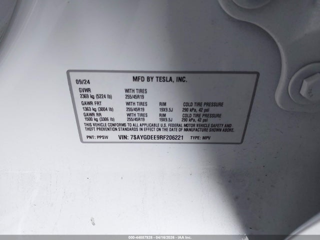 44887928 :رقم المزاد ، 7SAYGDEE9RF206221 vin ، 2024 Tesla Model Y Long Range Dual Motor All-wheel Drive مزاد بيع