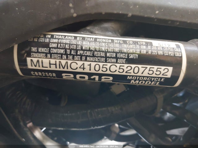 44887942 :رقم المزاد ، MLHMC4105C5207552 vin ، 2012 Honda Cbr250 R مزاد بيع