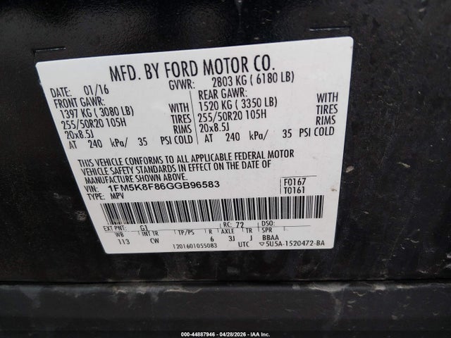 Aukcja sprzedaży 2016 Ford Explorer Limited, vin: 1FM5K8F86GGB96583, numer aukcji: 44887946