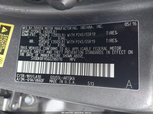 5TDDKRFH5GS296010 Toyota Highlander Limited Platinum V6