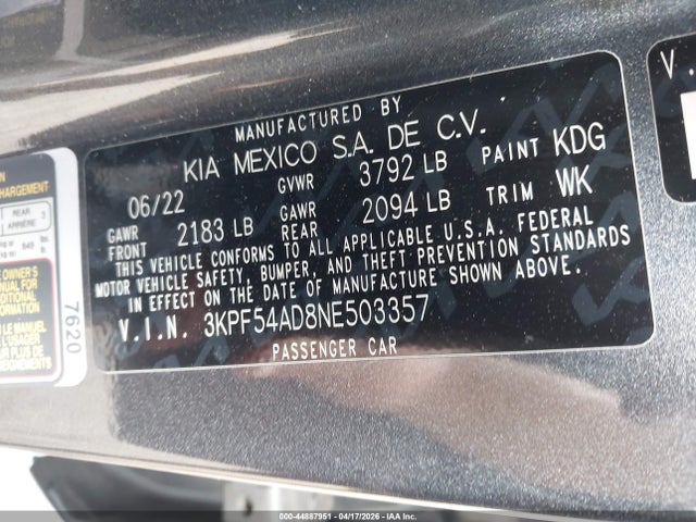 Aukcja sprzedaży 2022 Kia Forte Gt-line, vin: 3KPF54AD8NE503357, numer aukcji: 44887951