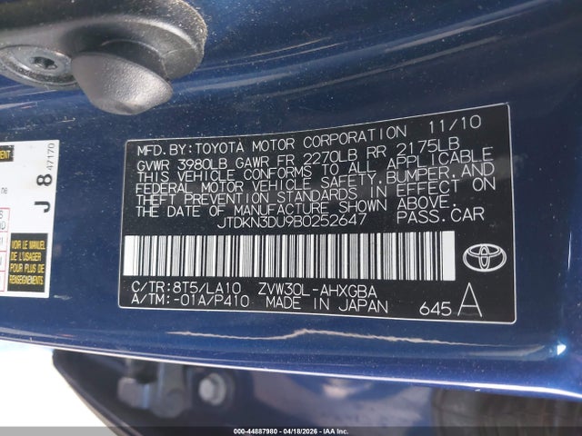 Aukcja sprzedaży 2011 Toyota Prius Four, vin: JTDKN3DU9B0252647, numer aukcji: 44887980