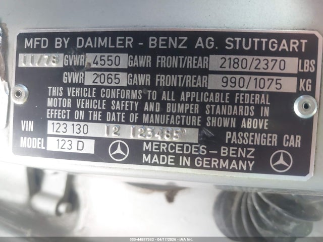 1979 Mercedes-benz 300d მანქანა იყიდება აუქციონზე, vin: 12313012123485, აუქციონის ნომერი: 44887982