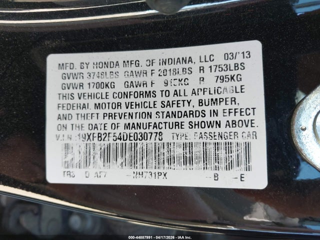 2013 Honda Civic Lx მანქანა იყიდება აუქციონზე, vin: 19XFB2F54DE030778, აუქციონის ნომერი: 44887991