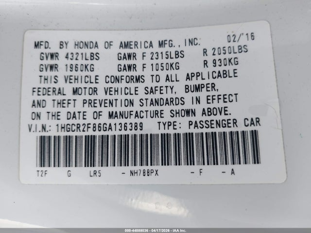 1HGCR2F86GA136389 Honda Accord Ex-l