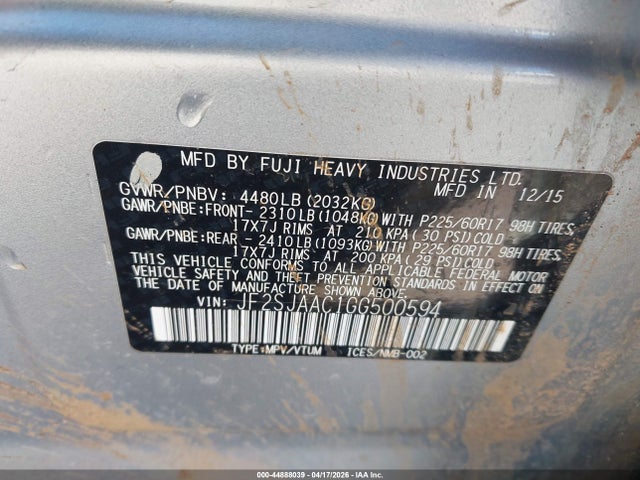 Aukcja sprzedaży 2016 Subaru Forester 2.5i, vin: JF2SJAAC1GG500594, numer aukcji: 44888039
