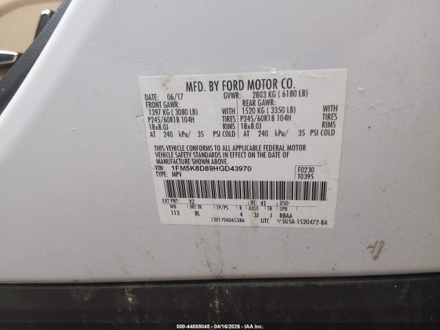 Aukcja sprzedaży 2017 Ford Explorer Xlt, vin: 1FM5K8D89HGD43970, numer aukcji: 44888048