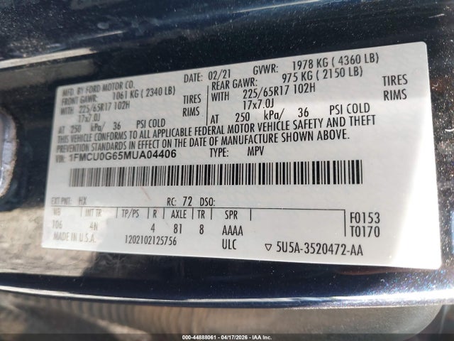 Продажа на аукционе авто 2021 Ford Escape Se, vin: 1FMCU0G65MUA04406, номер лота: 44888061