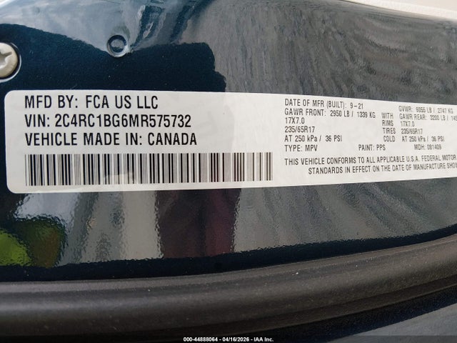 Aukcja sprzedaży 2021 Chrysler Pacifica Touring L, vin: 2C4RC1BG6MR575732, numer aukcji: 44888064