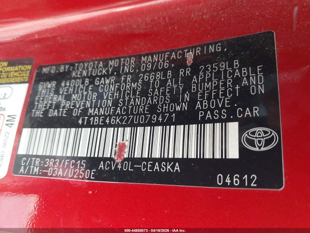 Auction sale of the 2007 Toyota Camry Se, vin: 4T1BE46K27U079471, lot number: 44888073