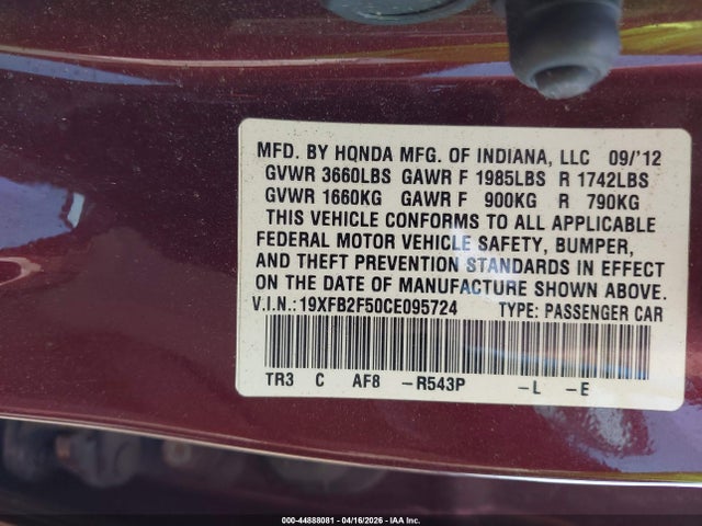 2012 Honda Civic Lx მანქანა იყიდება აუქციონზე, vin: 19XFB2F50CE095724, აუქციონის ნომერი: 44888081