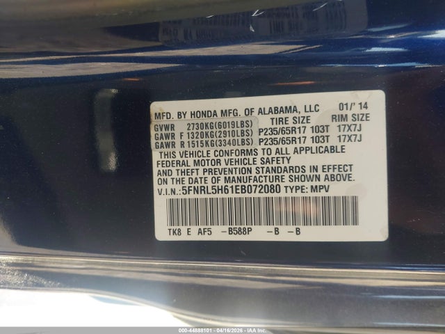 Продажа на аукционе авто 2014 Honda Odyssey Ex-l, vin: 5FNRL5H61EB072080, номер лота: 44888101