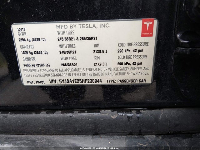 Продаж на аукціоні авто 2017 Tesla Model S 100d/60d/75d/90d/p100d, vin: 5YJSA1E25HF230944, номер лоту: 44888102