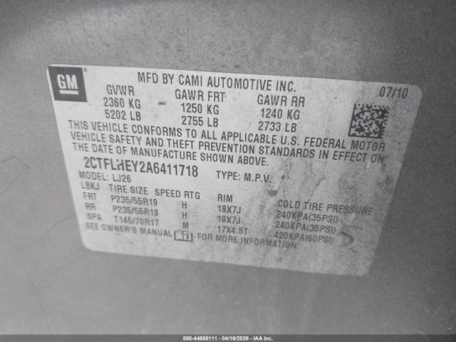 Продажа на аукционе авто 2010 Gmc Terrain Slt-2, vin: 2CTFLHEY2A6411718, номер лота: 44888111