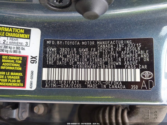 2015 Toyota Corolla L მანქანა იყიდება აუქციონზე, vin: 2T1BURHE8FC383881, აუქციონის ნომერი: 44888115