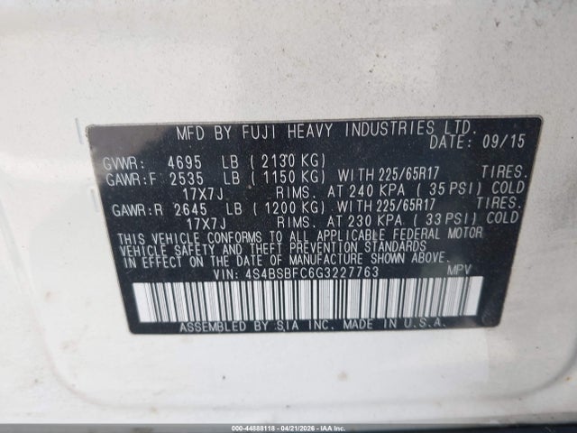 2016 Subaru Outback 2.5i Premium მანქანა იყიდება აუქციონზე, vin: 4S4BSBFC6G3227763, აუქციონის ნომერი: 44888118