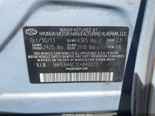 2014 Hyundai Sonata Gls მანქანა იყიდება აუქციონზე, vin: 5NPEB4AC2EH842073, აუქციონის ნომერი: 44888132