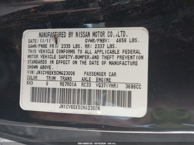 Aukcja sprzedaży 2012 Infiniti G37 Journey, vin: JN1CV6EK5CM423006, numer aukcji: 44888135
