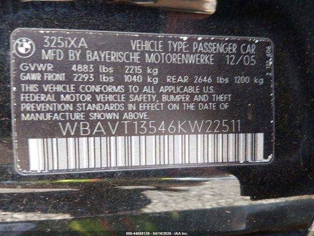 Aukcja sprzedaży 2006 Bmw 325xit, vin: WBAVT13546KW22511, numer aukcji: 44888139