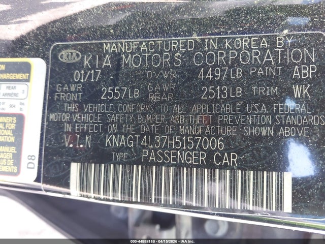 44888140 :رقم المزاد ، KNAGT4L37H5157006 vin ، 2017 Kia Optima Lx مزاد بيع