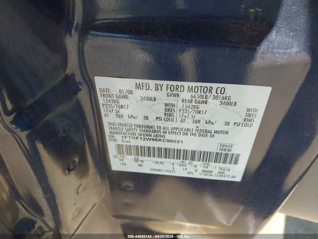 44888144 :رقم المزاد ، 1FTRF12W98KC96021 vin ، 2008 Ford F-150 Fx2/stx/xl/xlt مزاد بيع