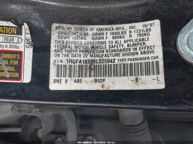 2008 Honda Civic Lx მანქანა იყიდება აუქციონზე, vin: 1HGFA16558L025942, აუქციონის ნომერი: 44888154