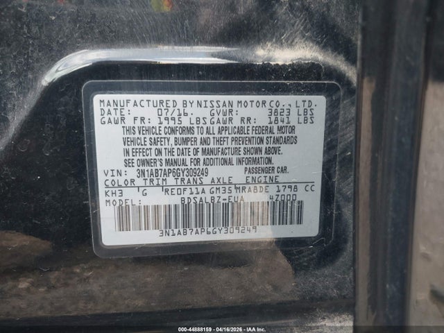 2016 Nissan Sentra S მანქანა იყიდება აუქციონზე, vin: 3N1AB7AP6GY309249, აუქციონის ნომერი: 44888159