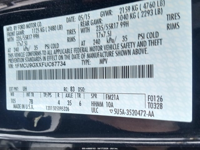 1FMCU9GXXFUC67734 Ford ESCAPE SE
