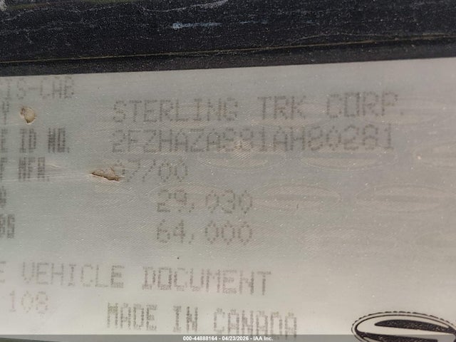 2001 Sterling Truck Lt 9500 მანქანა იყიდება აუქციონზე, vin: 2FZHAZAS81AH80281, აუქციონის ნომერი: 44888164