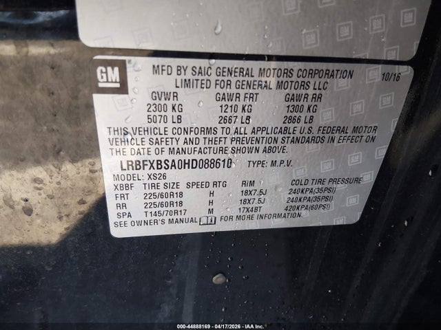 44888169 :رقم المزاد ، LRBFXBSA0HD088610 vin ، 2017 Buick Envision Essence مزاد بيع