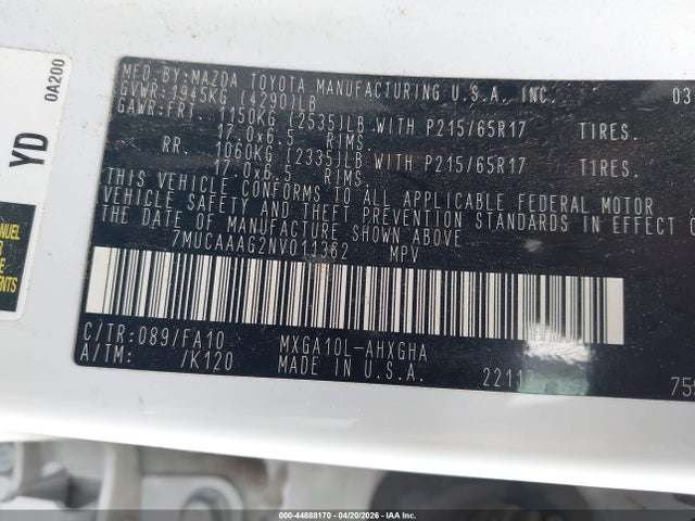 Aukcja sprzedaży 2022 Toyota Corolla Cross Le, vin: 7MUCAAAG2NV011362, numer aukcji: 44888170