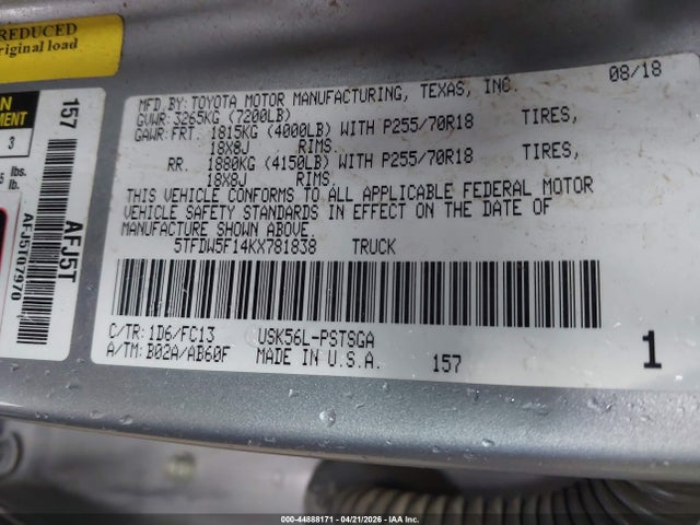 44888171 :رقم المزاد ، 5TFDW5F14KX781838 vin ، 2019 Toyota Tundra Sr5 5.7l V8 مزاد بيع
