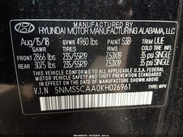 44888193 :رقم المزاد ، 5NMS5CAA0KH026961 vin ، 2019 Hyundai Santa Fe Ultimate 2.0t مزاد بيع