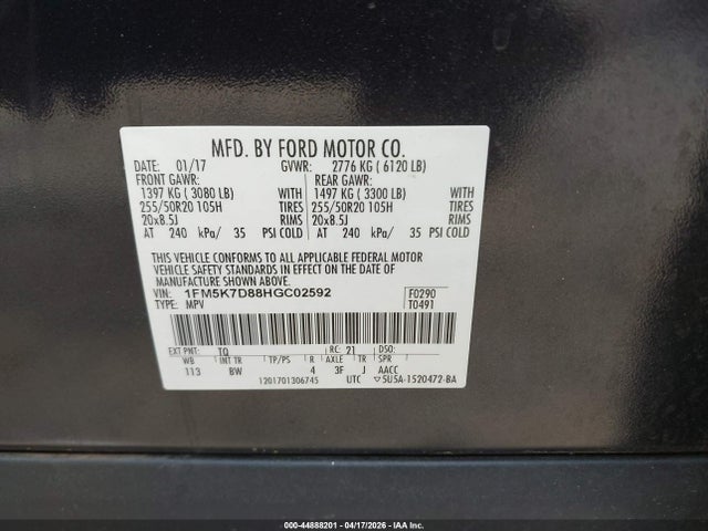 Auction sale of the 2017 Ford Explorer Xlt, vin: 1FM5K7D88HGC02592, lot number: 44888201
