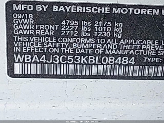 Aukcja sprzedaży 2019 Bmw 430i Gran Coupe Xdrive, vin: WBA4J3C53KBL08484, numer aukcji: 44888202