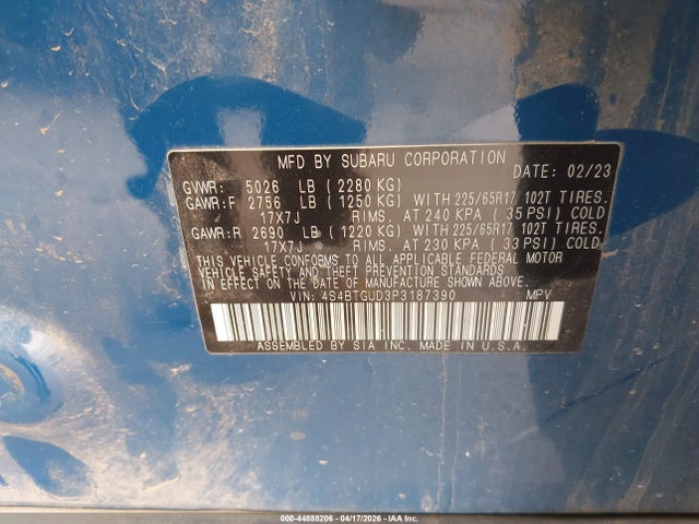 44888206 :رقم المزاد ، 4S4BTGUD3P3187390 vin ، 2023 Subaru Outback Wilderness مزاد بيع