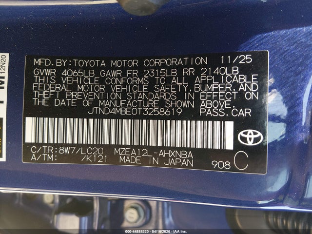 Продаж на аукціоні авто 2026 Toyota Corolla Se, vin: JTND4MBE0T3258619, номер лоту: 44888220