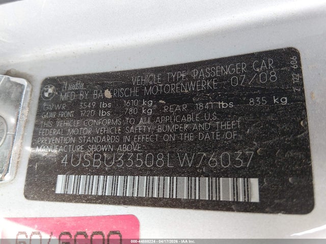 Продажа на аукционе авто 2008 Bmw Z4 3.0i, vin: 4USBU33508LW76037, номер лота: 44888224