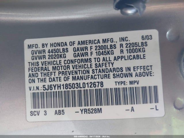 2003 HONDA ELEMENT 5J6YH18503L012678 Photo 8
