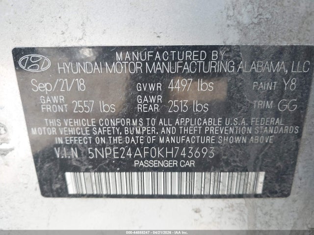 2019 Hyundai Sonata Se მანქანა იყიდება აუქციონზე, vin: 5NPE24AF0KH743693, აუქციონის ნომერი: 44888247